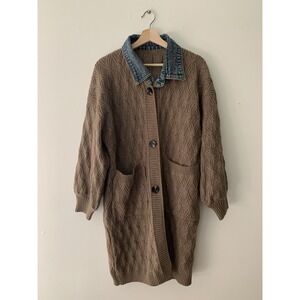 Commense Diamond Stitch Knit Longline Cardigan S Denim Collar Relaxed Brown Soft